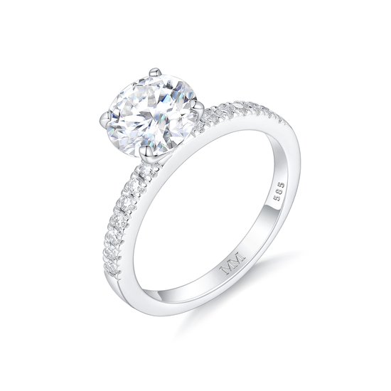 Finesse - Bague de fiançailles moissanite en or blanc 14 carats avec pierres latérales - 10 carats