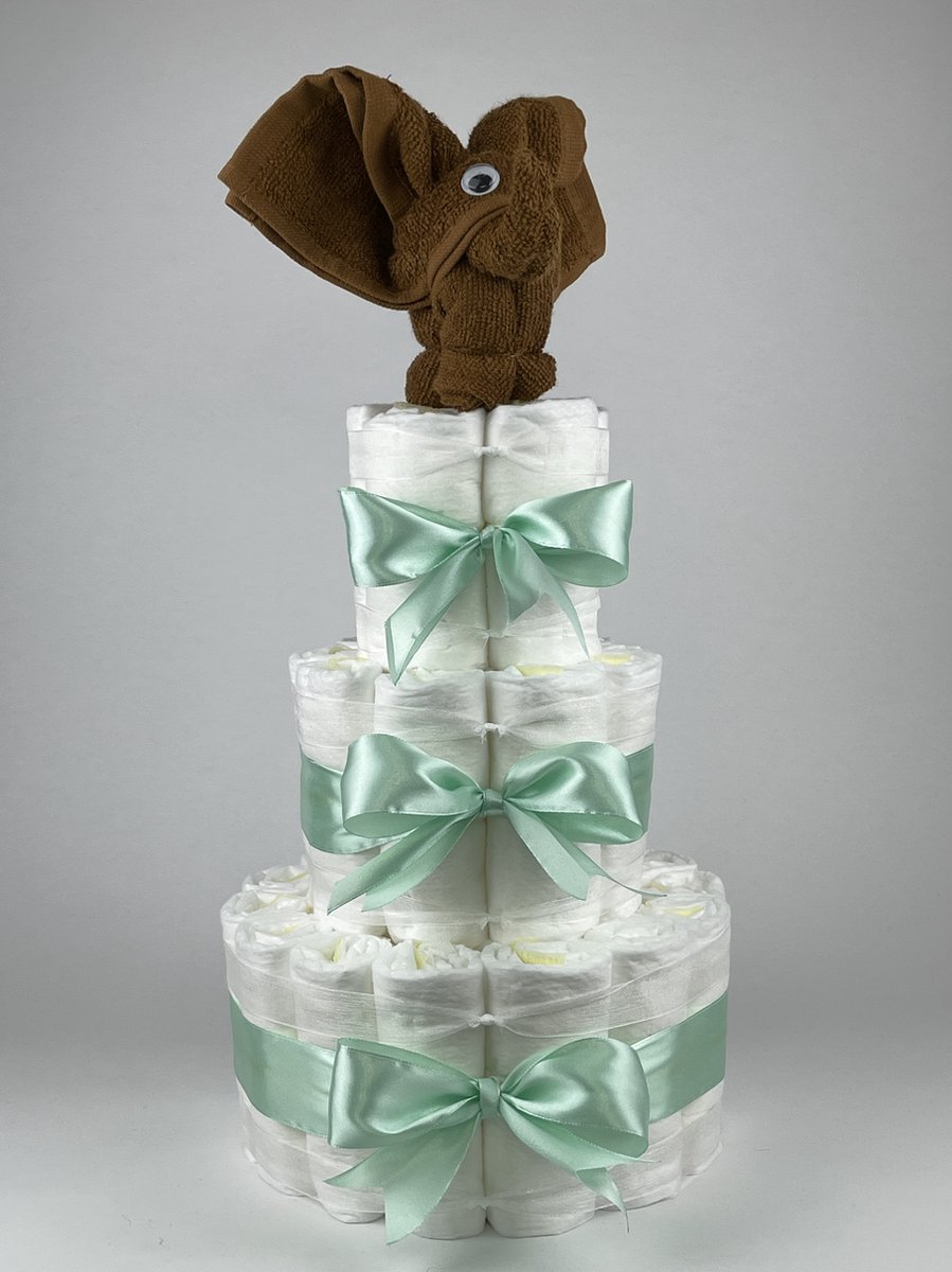 Goedkoopste Chouette-Chouette | Luiertaart Neutraal | Kraamcadeau | Geboorte Jongen Meisje | Babyshower | Olifant clay Bruin - Groen
