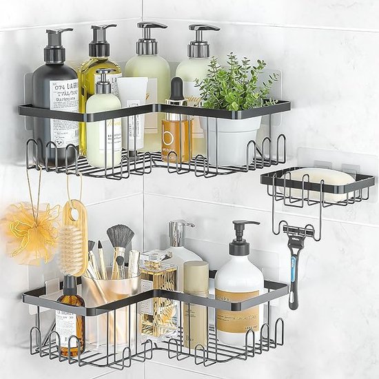 Étagère de douche sans coin de perçage : étagère de douche noire - support de salle de bain en acier inoxydable avec 20 crochets panier de douche de salle de bain 3 pièces