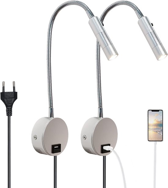 Wandlamp voor Lezen in Bed met Touch Schakelaar en USB-Aansluiting - Dimbare Leeslamp met Flexibele Gooseneck-Arm - EU-Stekker en Snoer Inbegrepen - 3W Wandlamp voor Slaapkamer en Kantoor