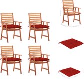 vidaXL Eetkamerstoelenset - Acaciahout - 4 stuks - Rood kussen - 56 x 62 x 92 cm - Tuinstoel