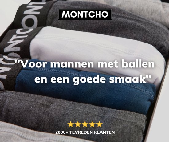 Doos met Montcho boxershorts in grijs, wit en blauw. "Voor mannen met ballen en een goede smaak".