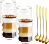 Latte macchiato glazen, dubbelwandig, 400 ml, verpakking van 4 stuks, met 4 lepels, dubbelwandige koffieglazen, cappuccinokopjes