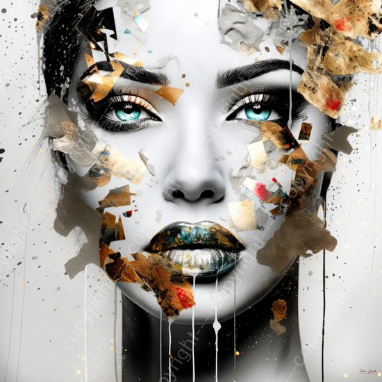 JJ-Art (Aluminium) 100x100 | Vrouw met goud in geschilderde stijl, grunge, kunst | abstract, mens, lippen, ogen, deels zwart wit, turquoise, modern | foto-schilderij op dibond, metaal wanddecoratie