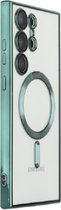 Silicone Back cover Geschikt voor Samsung Galaxy S23 Ultra met lensbeschermer/Magsafe compatible /magneet case Telefoonhoesje/transparant met Donkergroen randen