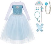 Prinsessenjurk meisje - Elsa jurk - Verkleedkleren - 140/146 (150) - Kroon - Toverstaf - Haarvlecht - Lange Handschoenen - Prinsessen speelgoed - Cadeau meisje - Verjaardag meisje - Kleed