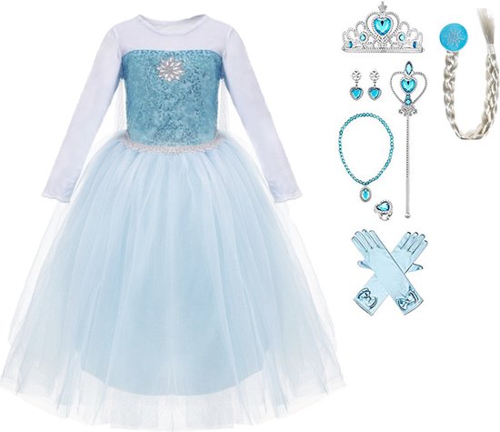 Prinsessenjurk meisje - Elsa jurk - Het Betere Merk - Prinsessenkroon - 116/122(130) - Toverstaf - Lange Prinsessenhandschoenen - Haarvlecht - Juwelen - Prinsessen speelgoed - Kleed - Carnavalskleding meisje