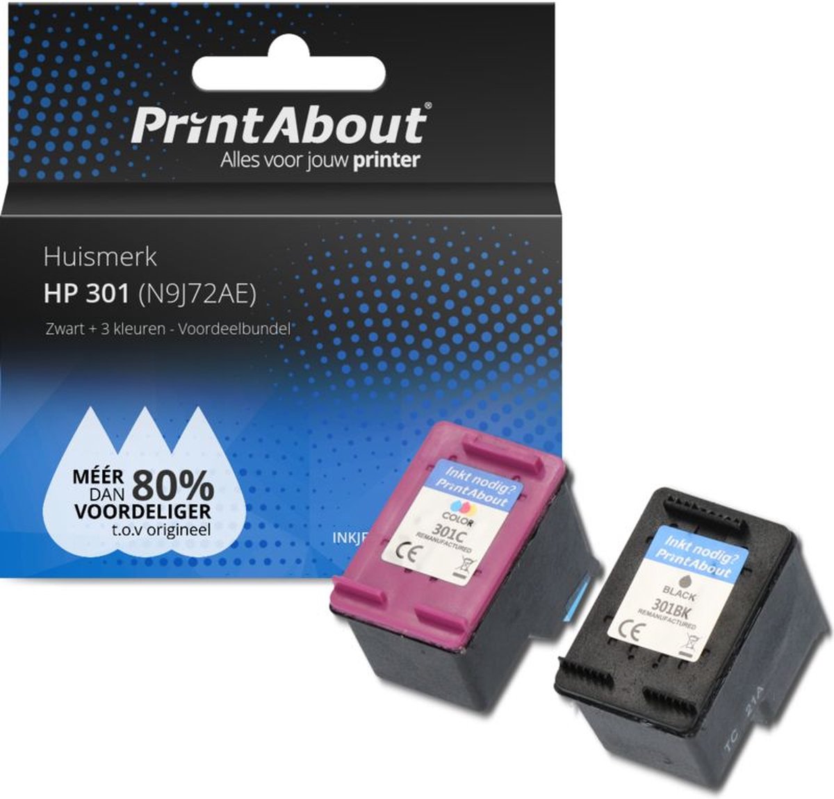 PrintAbout huismerk Inktcartridge 301 (N9J72AE) Zwart + 3 kleuren Voordeelbundel geschikt voor HP