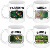 4x Dieren tropische vogels prints drink mokken 300 ml - Papegaai/Toekan/Kolibrie/Bijeneter - Koffie/thee cadeau mokken