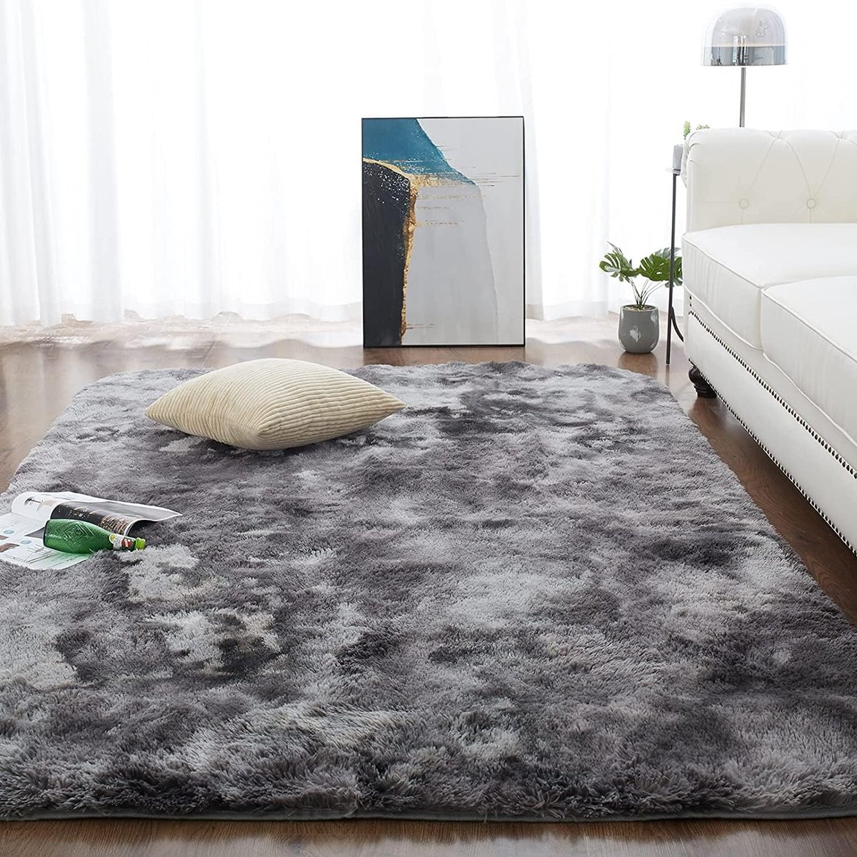 CHOSHOME Vloerkleed, woonkamer, shaggy tapijt, hoogpolig, zwart, langpolig tapijt, kinderkamer, modern, batik tapijt, jeugdkamer, pluizig tapijt, groot, donkergrijs/zwart, 90 x 150 cm