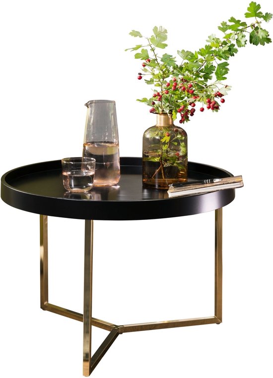 Table basse Rootz 58-5x42x58-5cm noir - Table basse ronde en métal doré - Table basse rétro Design moderne - Petite table de salon avec piètement en métal - Table plateau ronde avec plateau en bois