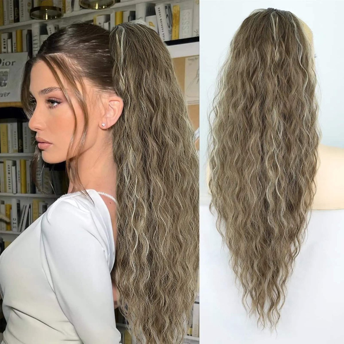 Miss Ponytails - Beachwave ponytail extentions - 26 inch - Bruin/ Blond 18H24 - Hair extentions - Haarverlenging