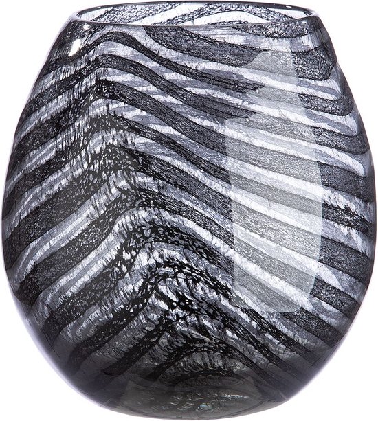 Glazen vaas exclusief waves bol - 17x17 cm zwart grijs doorzichtig - handgemaakt