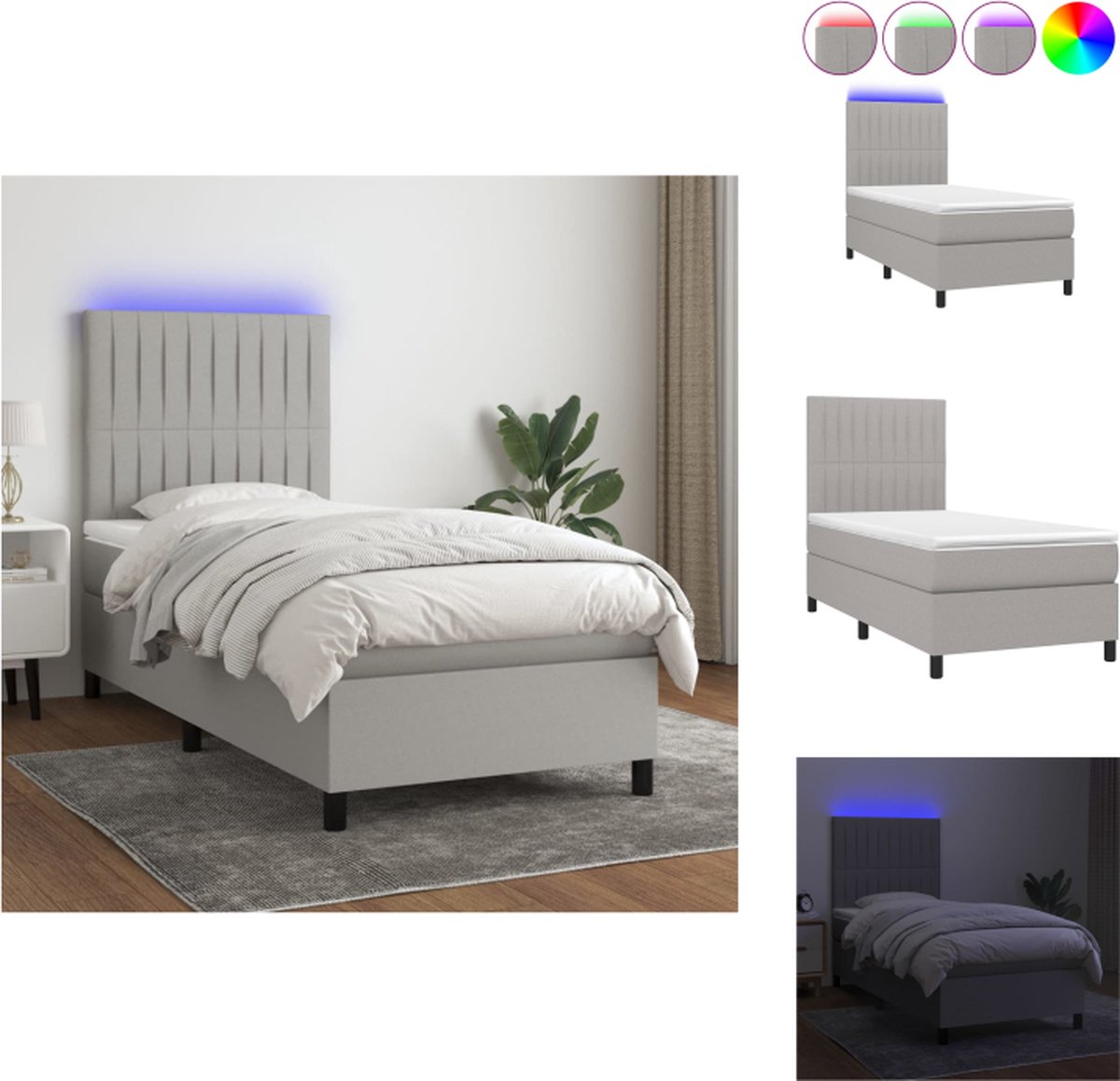 VidaXL Boxspring LED Pocketvering Huidvriendelijk 203x100x118 128 cm Lichtgrijs Bed