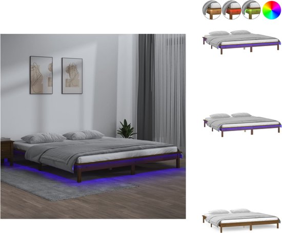 vidaXL Bedframe Grenenhout - LED-verlichting - 160x200 cm - Honingbruin - Bed