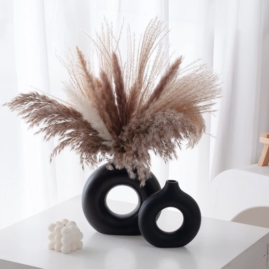Black Donut Ceramic Vase Set of 2 for Modern Home Decor, Round Matte Pampas Grass Vases, Neutral Boho Scandinavian Minimalist Style, Flower Vases (Big + Small)
