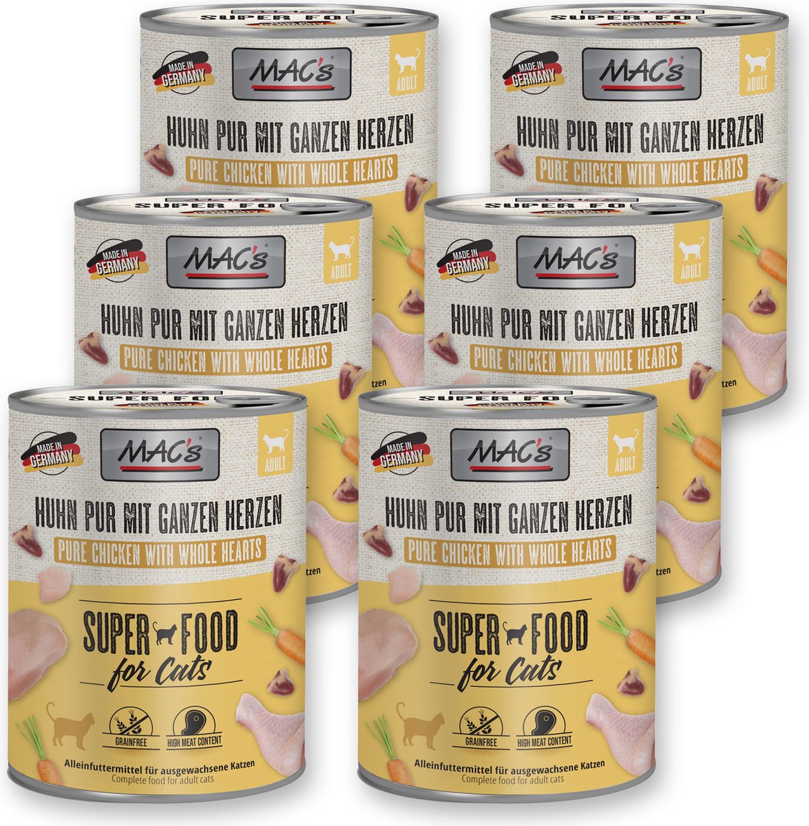 MACs MAC's Kattenvoer Natvoer Blik - 96% Kippenvlees en Kippenhartjes - 6 x 800g