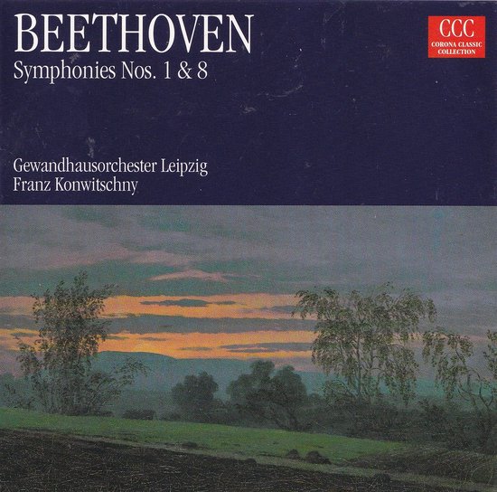 CD-hoes met de titel 'BEETHOVEN Symphonies Nos. 1 & 8' en een schilderij van een zonsondergang boven een veld.