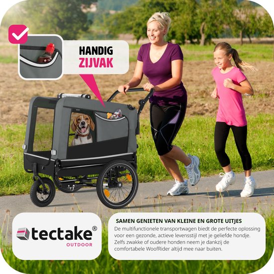 Vrouw en kind rennen naast grijze hondenfietskar met beagle. "HANDIG ZIJVAK" is gemarkeerd. Text "SAMEN GENIETEN VAN KLEINE EN GROTE UITJES".