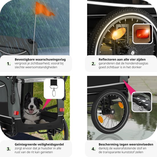 Hondenfietskar met oranje waarschuwingsvlag, reflectoren en geïntegreerde veiligheidsgordel. Waterdicht, beschermend.