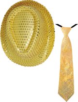 Carnaval verkleed set - hoedje en stropdas - goud - dames/heren - glimmende verkleedkleding
