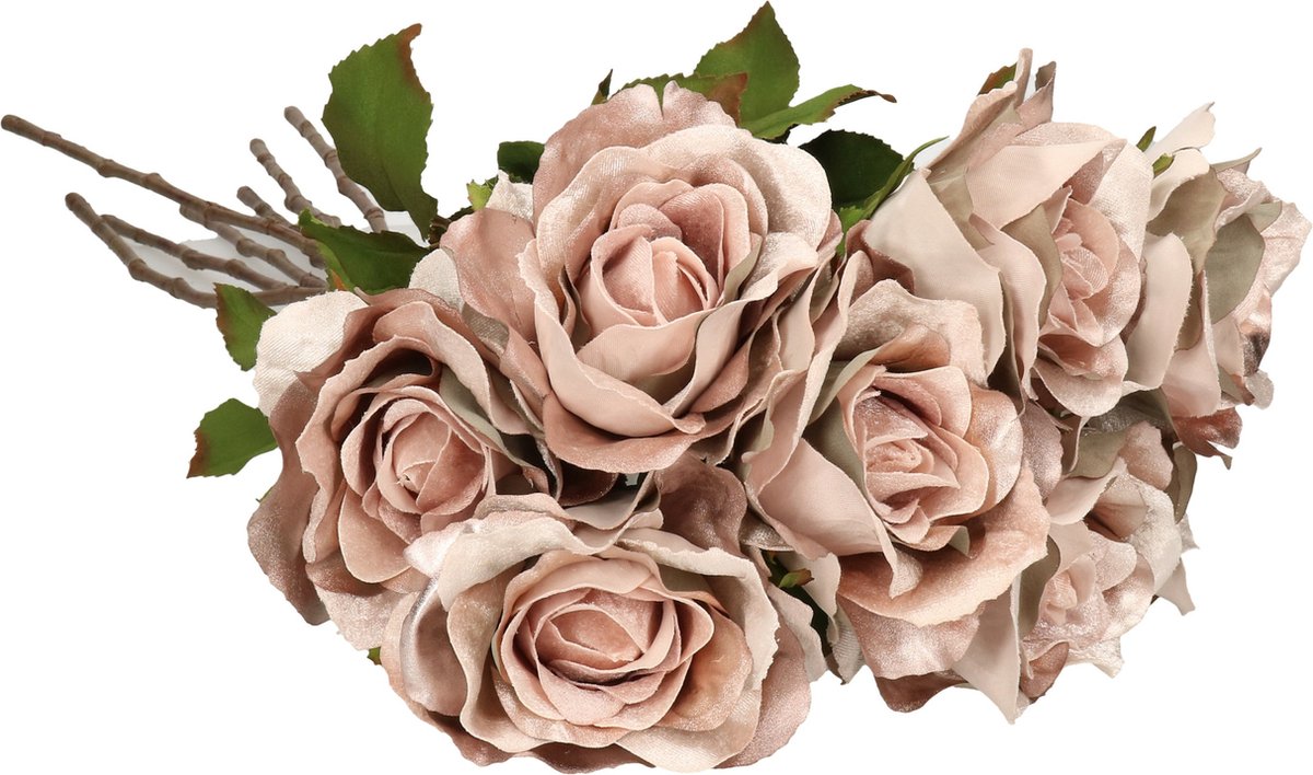 Top Art Kunstbloemen boeket roos Glamour - 8x - oud roze - 61 cm - satijn - decoratie bloemen Oudroze