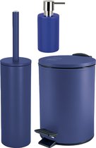 Spirella Ensemble d'accessoires de salle de bain - brosse WC/poubelle à pédale/distributeur de savon - métal/céramique - bleu foncé - Aspect Luxe