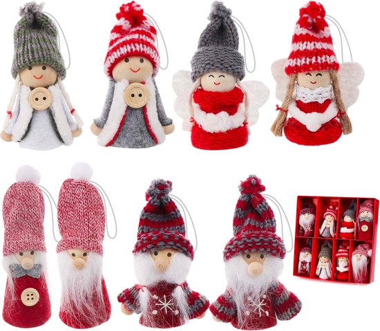 Un ensemble de huit ornements de Noël : anges et gnomes en rouge, blanc et gris, avec des bonnets tricotés et des boutons.