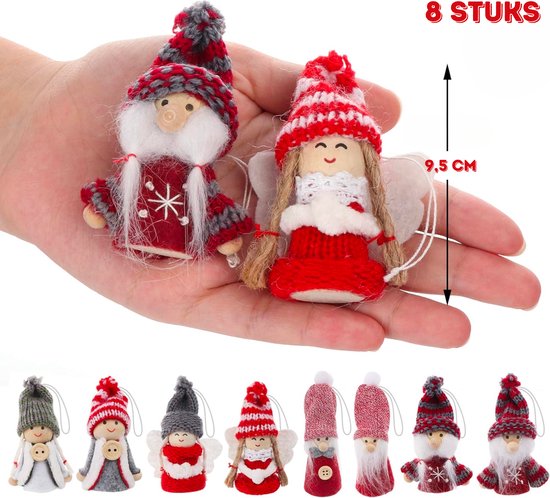 Deux ornements de Noël dans une main, un gnome et un ange, en rouge, blanc et gris. Taille 9,5 cm.