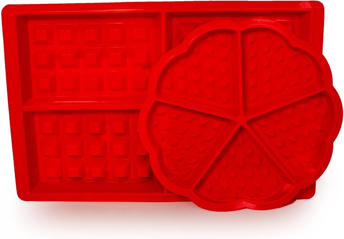 Intirilife Set van 2 Wafelvormen Bakvormen in ronde hartvormen en rechthoeken in Rood - 28 x 18.5 x 1.5 cm & 16.8 x 1.5 cm herbruikbar siliconen