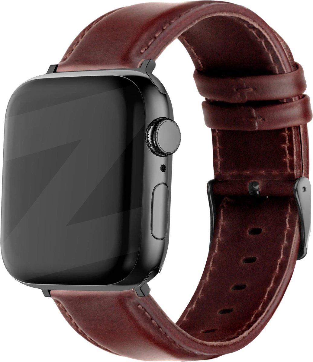 Bandz genuine leren band geschikt voor Apple Watch 1/2/3/4/5/6/8/9/10/11/SE(2-3)/Ultra(2-3) - maat: 44mm / 45mm / 46mm / 49mm - Hoogwaardig leren materiaal smartwatch bandje - Lederen band met gespsluiting - donkerbruin leren Apple Watch bandje