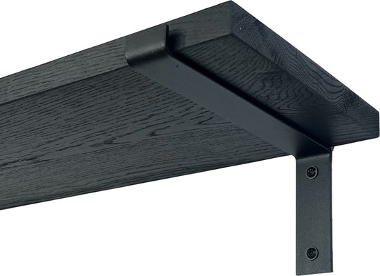GoudmetHout - Massief eiken wandplank - 200 x 25 cm - Zwart Eiken - Inclusief industriële plankdragers l-vorm mat zwart - lange boekenplank