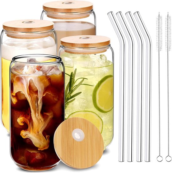 OTIX Drinkglazen met Bamboo Deksel met Rietje 2 Stuks 400 ml Waterglazen | Leen Bakker