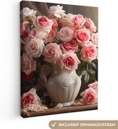 Canvas schilderij 90x120 cm - Vaas met rozen - Stilleven canvas schilderij - Kamer decoratie accessoires - Schilderijen woonkamer - Wanddecoratie slaapkamer - Muurdecoratie keuken - Wanddoek interieur binnen - Woondecoratie huis