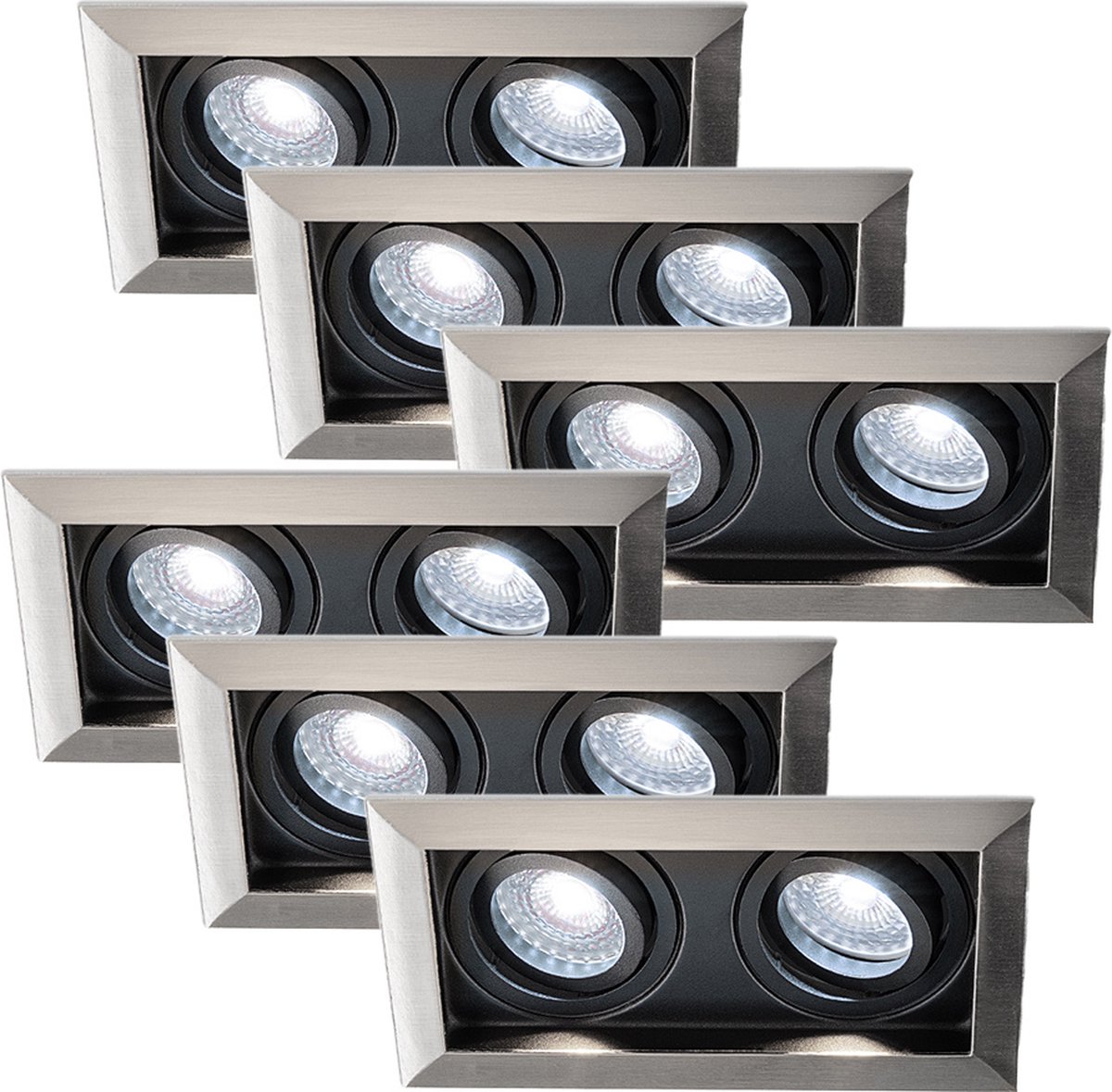 HOFTRONIC - Set van 6 Durham Dubbel LED Inbouwspots vierkant RVS - GU10 - 10 Watt 800 Lume