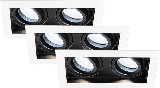 HOFTRONIC - Set van 3 Durham Dubbel LED Inbouwspots vierkant Wit - GU10 - 10 Watt 800 Lumen - 6000K daglicht wit licht - Kantelbaar en Dimbaar - Diameter 100x185mm - Plafondspots 2 lichts
