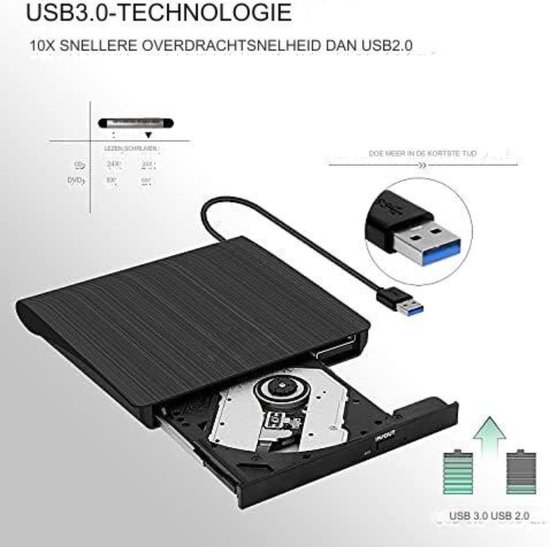 Externe DVD Speler - Externe DVD Speler voor Laptop - Externe DVD Speler en Brander - Type C USB 3.0-Verlengkabel — afbeelding 2