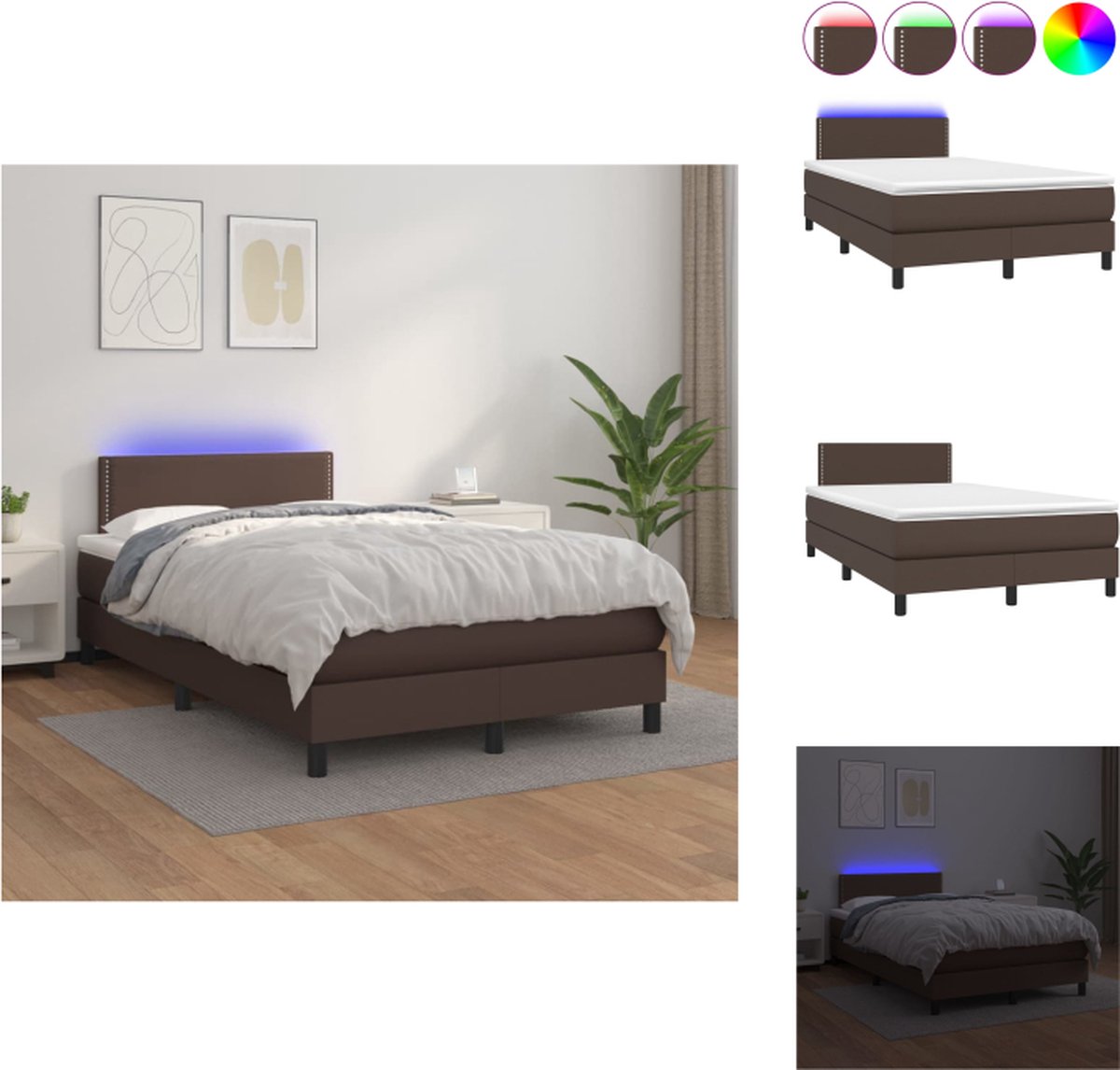 VidaXL Boxspring LED Kunstleer Verstelbaar hoofdbord Pocketvering matras Huidvriendelijk topmatras Bruin 203 x 120 cm Bed