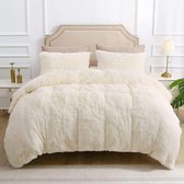 Warm Plush Bed Linen 135 x 200 cm Cream Fluffy Winter Duvet Cover Long Hair Fleece Plush Bedding Set with Zip Pillowcase - 135 x 200 + 80 x 80 cm