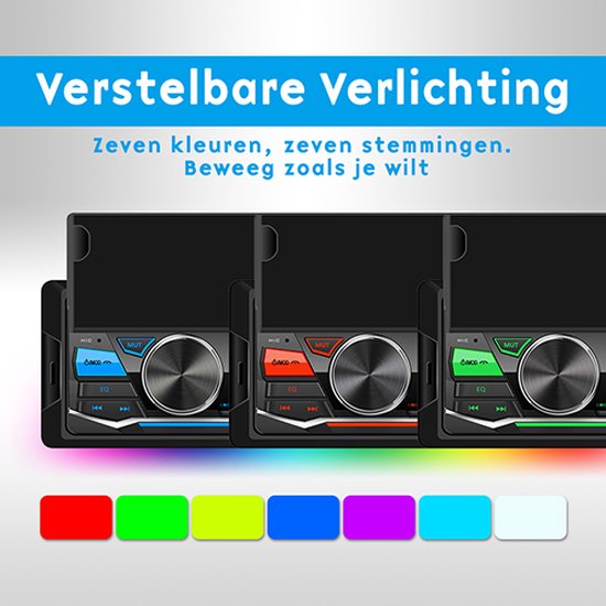 Autoradio met instelbare verlichting in zeven kleuren: rood, groen, geel, blauw, paars, cyaan en wit.