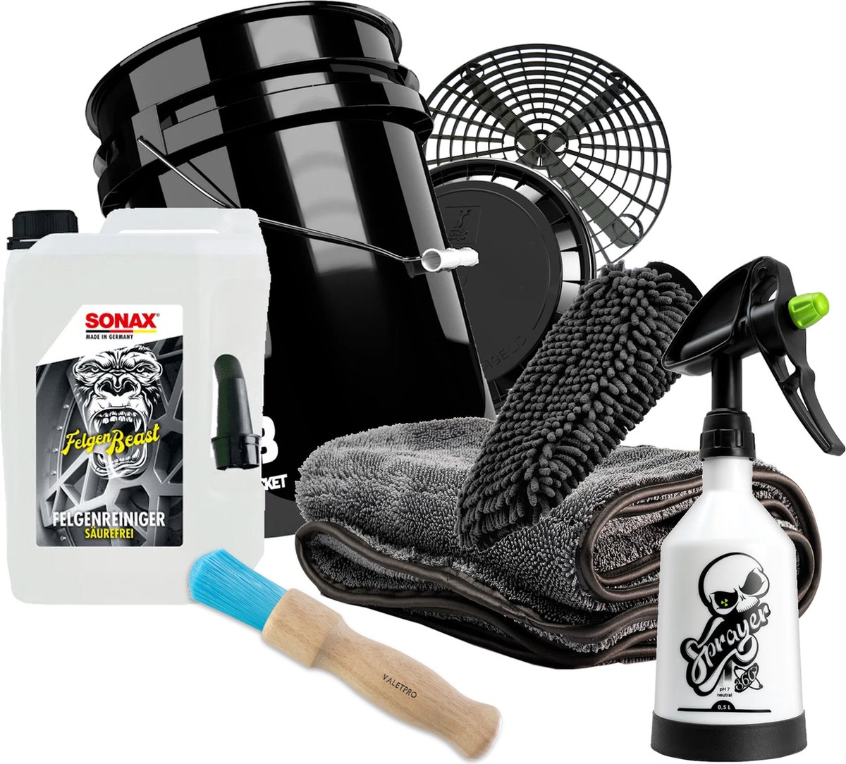Sonax Velgreiniger set bestaande uit; 5 Ltr Velgenbeast, wasemmer 19 ltr, Deksel, Grid Guard Grit, WashMitt, Speciale kwast voor het reiniger van velgen, Droogdoek 50x80 cm 1000 Gsm. , 0,5 Ltr Sprayer.