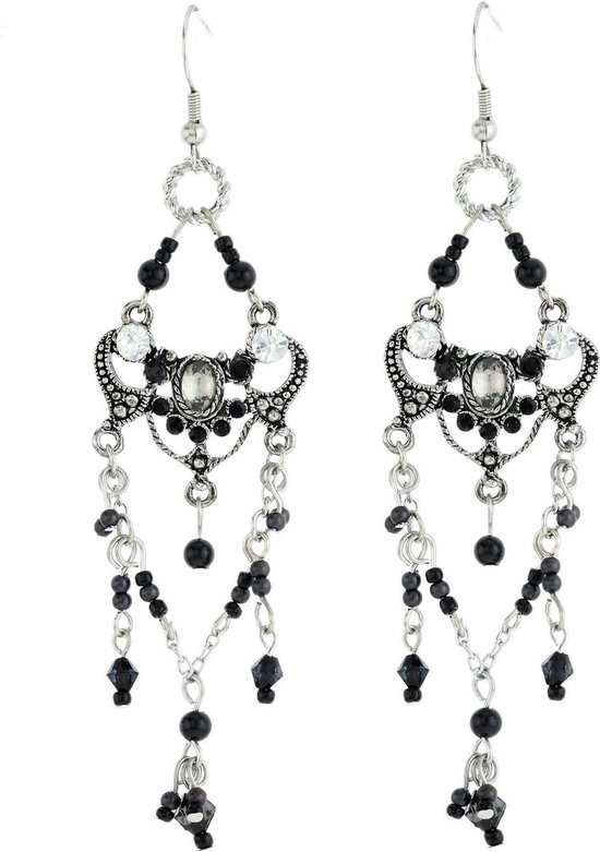 Boucles d'oreilles Behave Vintage avec pendentif, perles noires et pierres