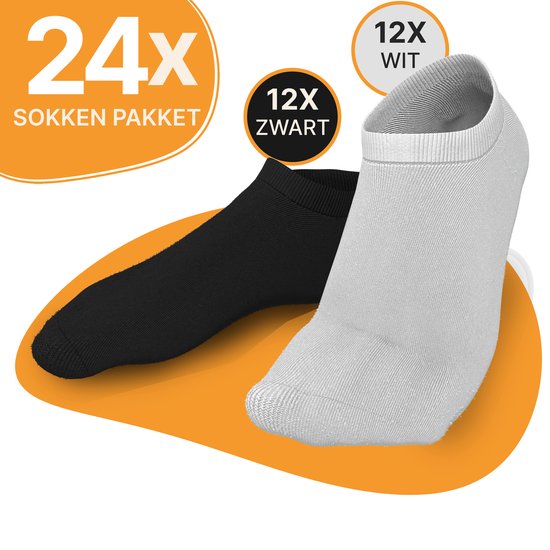 VOLQU® - SEN - 24 Paar Premium Katoen Enkelsokken - Sneaker Sokken - Maat 43 46 - Sneakersokken Heren Dames - Sportsokken Heren - Sportsokken Dames - Zwart / Wit