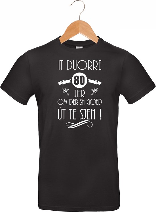 Mijncadeautje - Fryslan T-shirt It duorre 80 jier - unisex - zwart - verjaardag - leeftijd - feest - (maat XXXL)