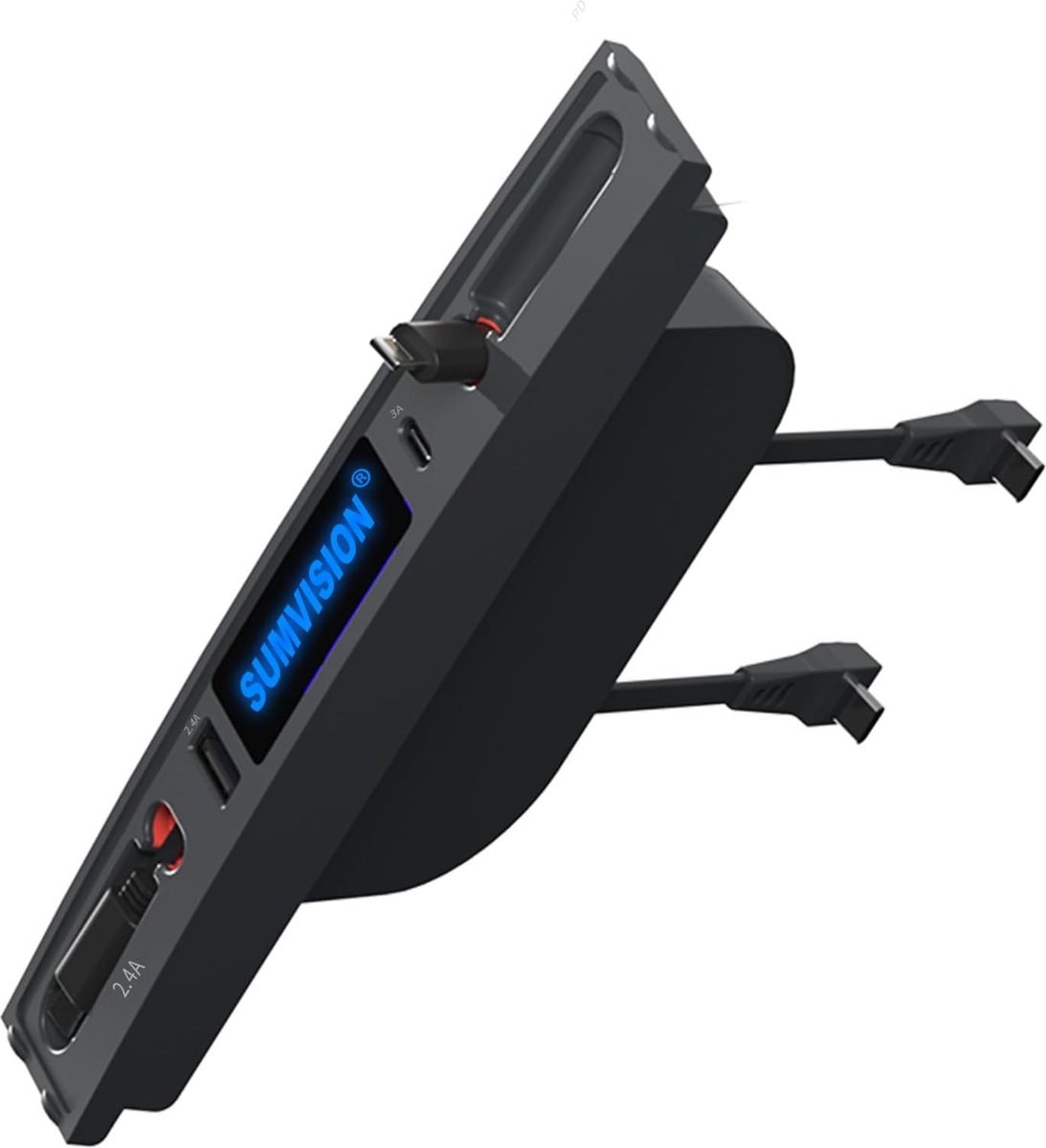 Sumvision Middenconsole USB Hub geschikt voor Tesla Model 3 en Tesla Model Y accessoires telefoonhouder Dockingstation snelle autolader LED 4-in-1 met uitrolbare Lightning- en USB-C-oplaadkabel