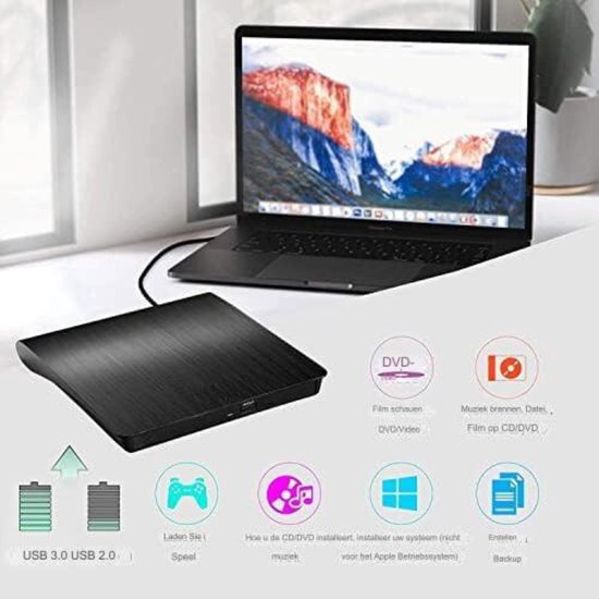 Externe DVD Speler - Externe DVD Speler voor Laptop - Externe DVD Speler en Brander - USB 3.0 - Zwart — afbeelding 3