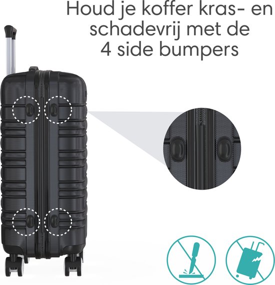 Achterkant van een zwarte koffer met vier beschermende bumpers. Close-up toont de details. Tekst: 'Houd je koffer kras- en schadevrij met de 4 side bumpers'.