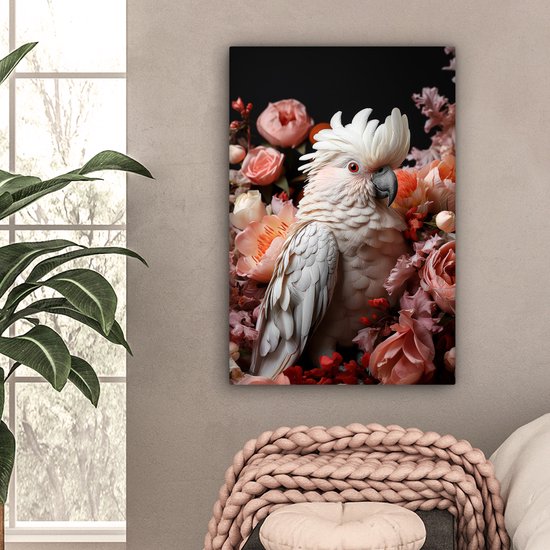 Peinture sur toile 40x60 cm - Oiseau Cacatoès - Accessoires de décoration de chambre - Peintures fleurs de salon - Décoration murale oiseaux chambre - Décoration murale cuisine - Tissu mural intérieur - Décoration maison