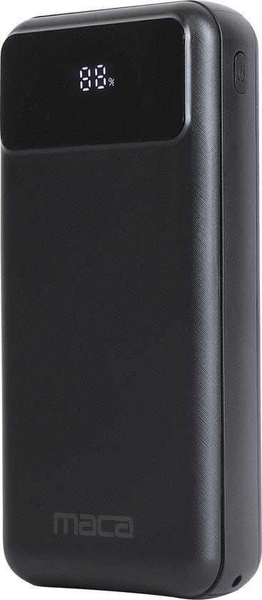 Maca Powerbank 20000 mAh - Ingebouwde Kabels - 22,5W snellader - USB A, USB C, Micro - Met Led Display - Zwart - Universele oplader - Iphone - Samsung