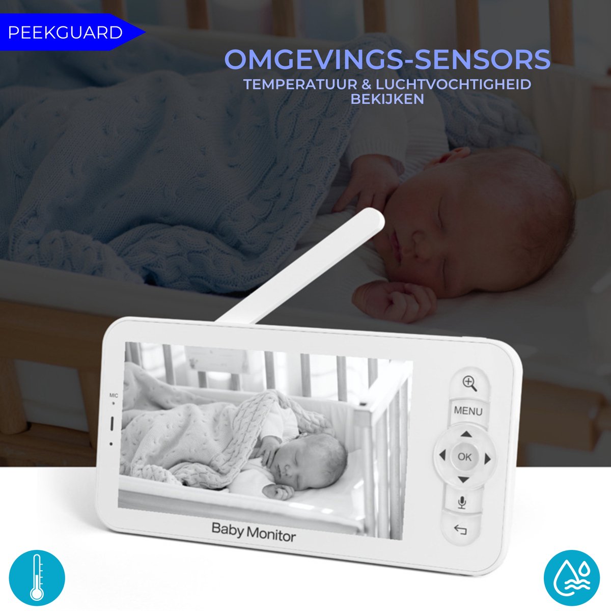 Afbeelding 3 van PEEKGUARD© - Babyfoon met Full HD Camera - Baby Monitor Incl. App - WiFi Babyfoons - Incl.Geluidsdetectie - Babyphone Temperatuur en Luchtvochtigheid sensor - Voedings Alarm - Lange Batterijduur - Extra Groot Scherm